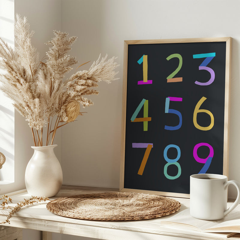 Hand Drawn Numbers 1 to 9 on Black Background by Artist Carla Daly - Stretched Canvas, Poster or Fine Art Print I Heart Wall Art