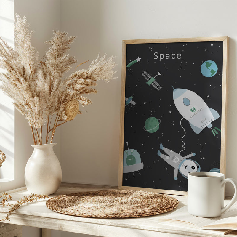 Funny Panda with Space Rocket by Artist Carla Daly - Stretched Canvas, Poster or Fine Art Print I Heart Wall Art