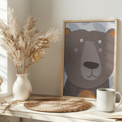 Cute Brown Bear with Grey Leaf Pattern by Artist Carla - Stretched Canvas, Poster or Fine Art Print I Heart Wall Art