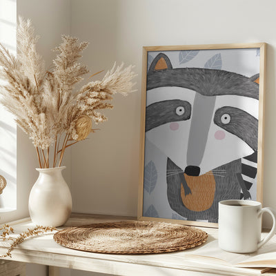 Cute Raccoon with Grey Leaf Pattern by Artist Carla Daly - Stretched Canvas, Poster or Fine Art Print I Heart Wall Art