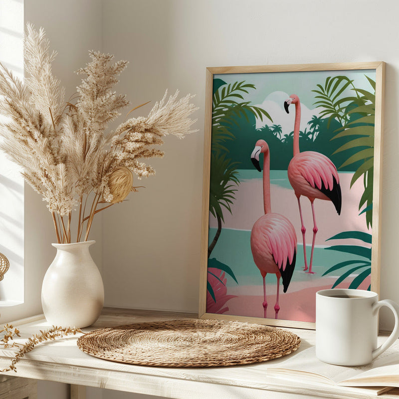 Tropical Flamingo Paradise - Stretched Canvas, Poster or Fine Art Print I Heart Wall Art