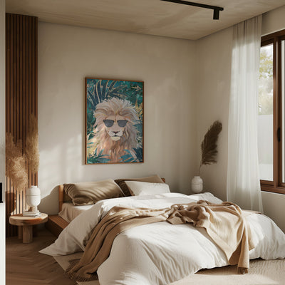 Cool Tropical Lion in Sunglasses - Stretched Canvas, Poster or Fine Art Print I Heart Wall Art