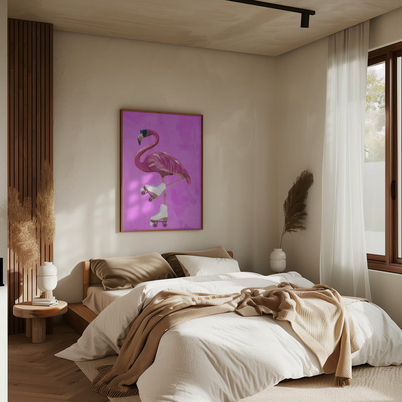 Pink Flamingo Roller Skating - Stretched Canvas, Poster or Fine Art Print I Heart Wall Art