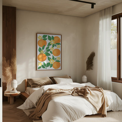 Oranges with Green Leaves and Delicate Yellow Flowers - Stretched Canvas, Poster or Fine Art Print I Heart Wall Art