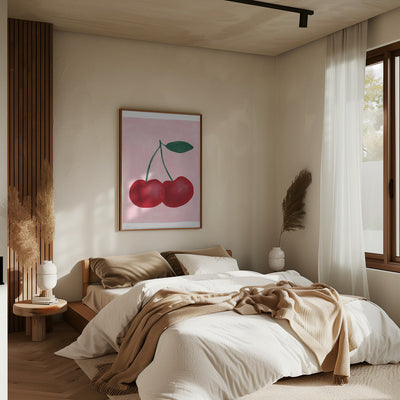 Red Cherries with a Green Leaf - Stretched Canvas, Poster or Fine Art Print I Heart Wall Art