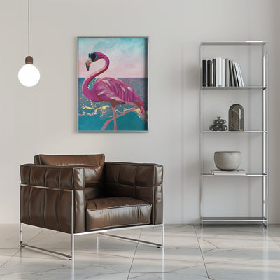 Flamingo goes to the beach - Stretched Canvas, Poster or Fine Art Print I Heart Wall Art