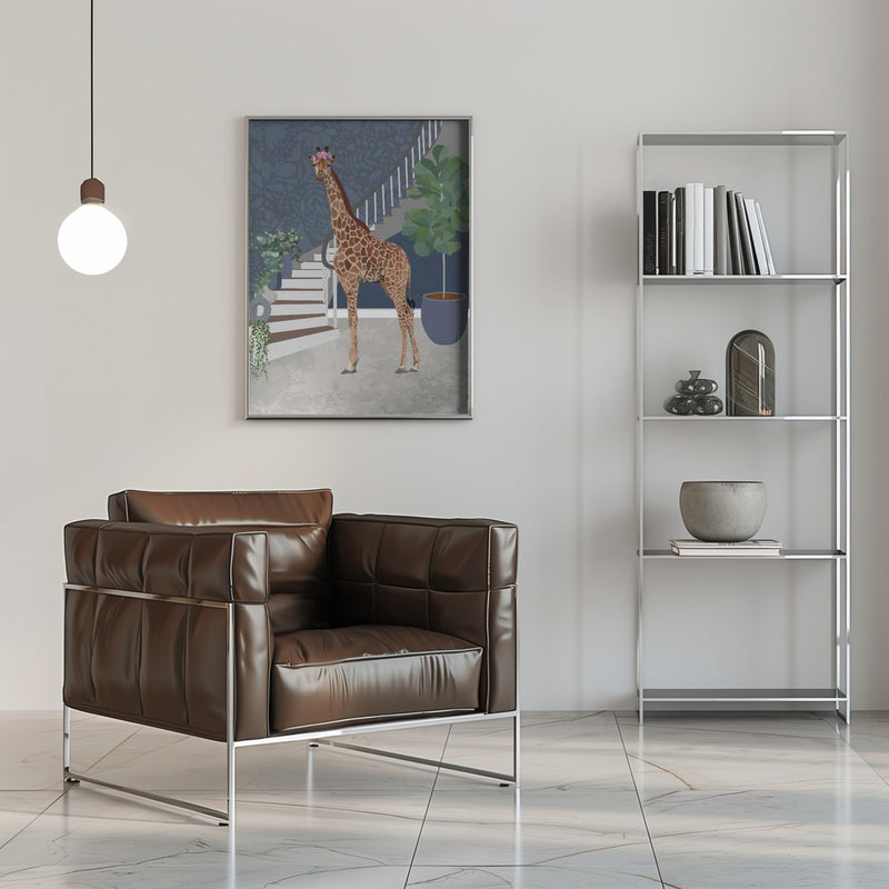 Giraffe by the stairs - Stretched Canvas, Poster or Fine Art Print I Heart Wall Art