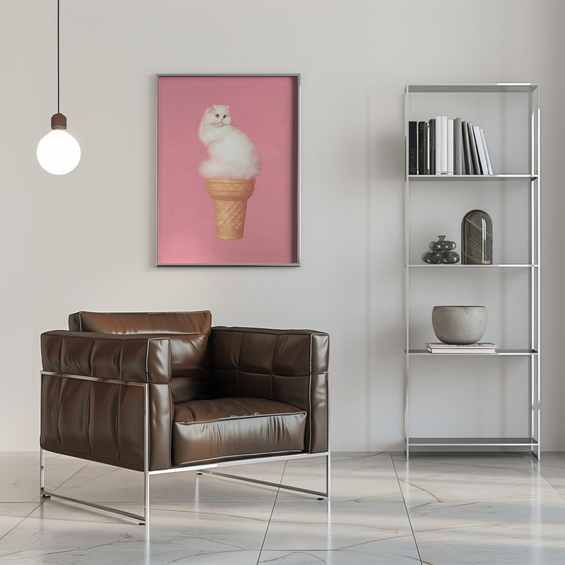 Cat Ice Cream - Pink - Stretched Canvas, Poster or Fine Art Print I Heart Wall Art