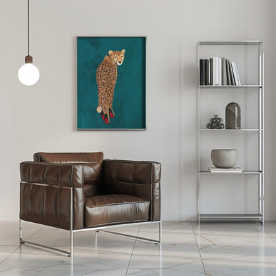 Turquoise cheetah in heels - Stretched Canvas, Poster or Fine Art Print I Heart Wall Art