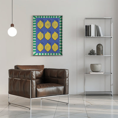 Vibrant Yellow Lemons on a Deep Blue - Stretched Canvas, Poster or Fine Art Print I Heart Wall Art