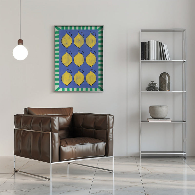 Vibrant Yellow Lemons on a Deep Blue - Stretched Canvas, Poster or Fine Art Print I Heart Wall Art