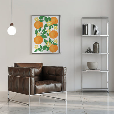 Oranges with Green Leaves and Delicate Yellow Flowers - Stretched Canvas, Poster or Fine Art Print I Heart Wall Art