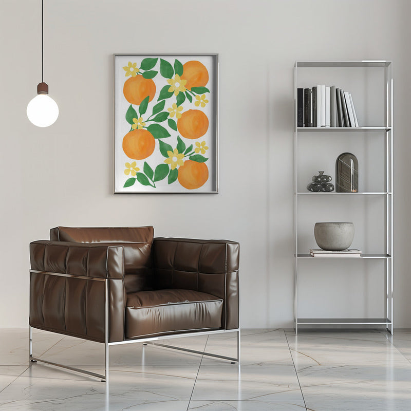 Oranges with Green Leaves and Delicate Yellow Flowers - Stretched Canvas, Poster or Fine Art Print I Heart Wall Art