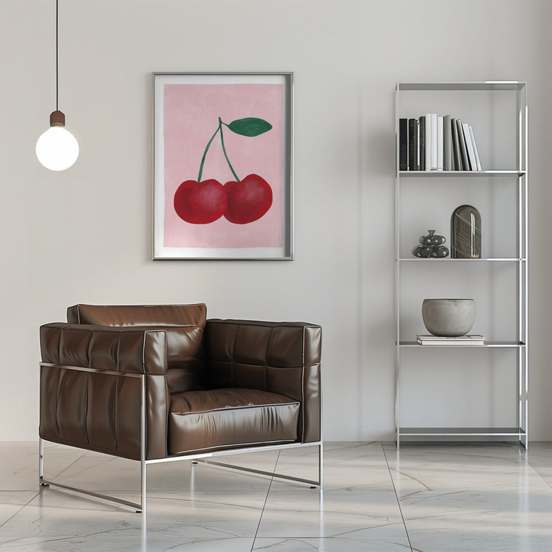 Red Cherries with a Green Leaf - Stretched Canvas, Poster or Fine Art Print I Heart Wall Art