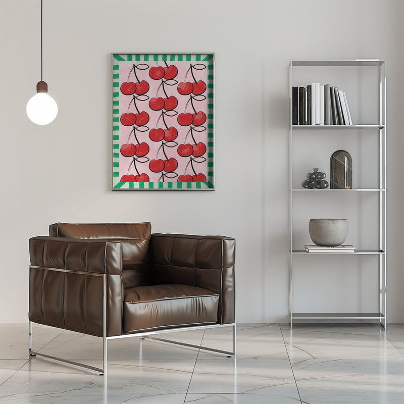 Red Cherries on a Pink - Stretched Canvas, Poster or Fine Art Print I Heart Wall Art