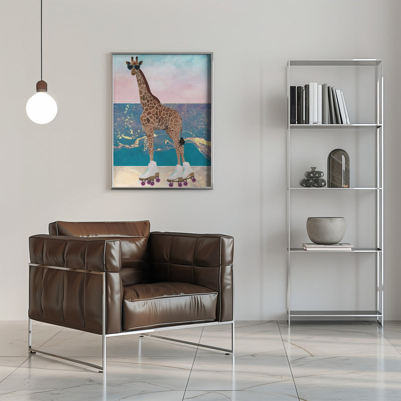 Giraffe On Holiday rollerskating - Stretched Canvas, Poster or Fine Art Print I Heart Wall Art