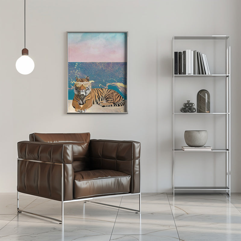 Tiger lying on the beach - Stretched Canvas, Poster or Fine Art Print I Heart Wall Art