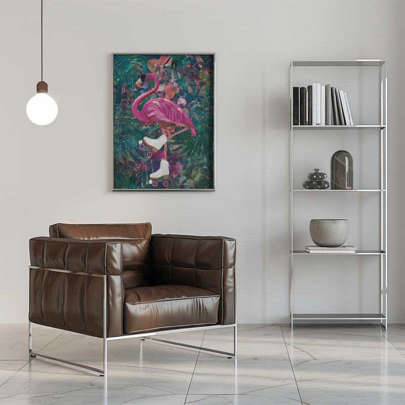 Tropical Floral Jungle - FLamingo rollerskating - Stretched Canvas, Poster or Fine Art Print I Heart Wall Art