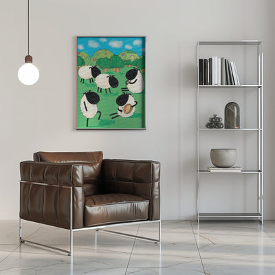 Funny Sheep Dancing in a Green Field by Artist Carla Daly - Stretched Canvas, Poster or Fine Art Print I Heart Wall Art