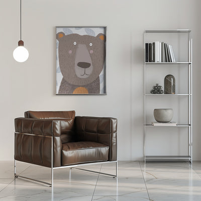 Cute Brown Bear with Grey Leaf Pattern by Artist Carla - Stretched Canvas, Poster or Fine Art Print I Heart Wall Art