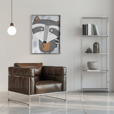 Cute Raccoon with Grey Leaf Pattern by Artist Carla Daly - Stretched Canvas, Poster or Fine Art Print I Heart Wall Art