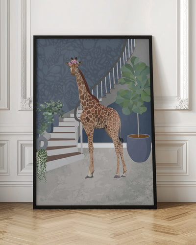 Giraffe by the stairs - Stretched Canvas, Poster or Fine Art Print I Heart Wall Art