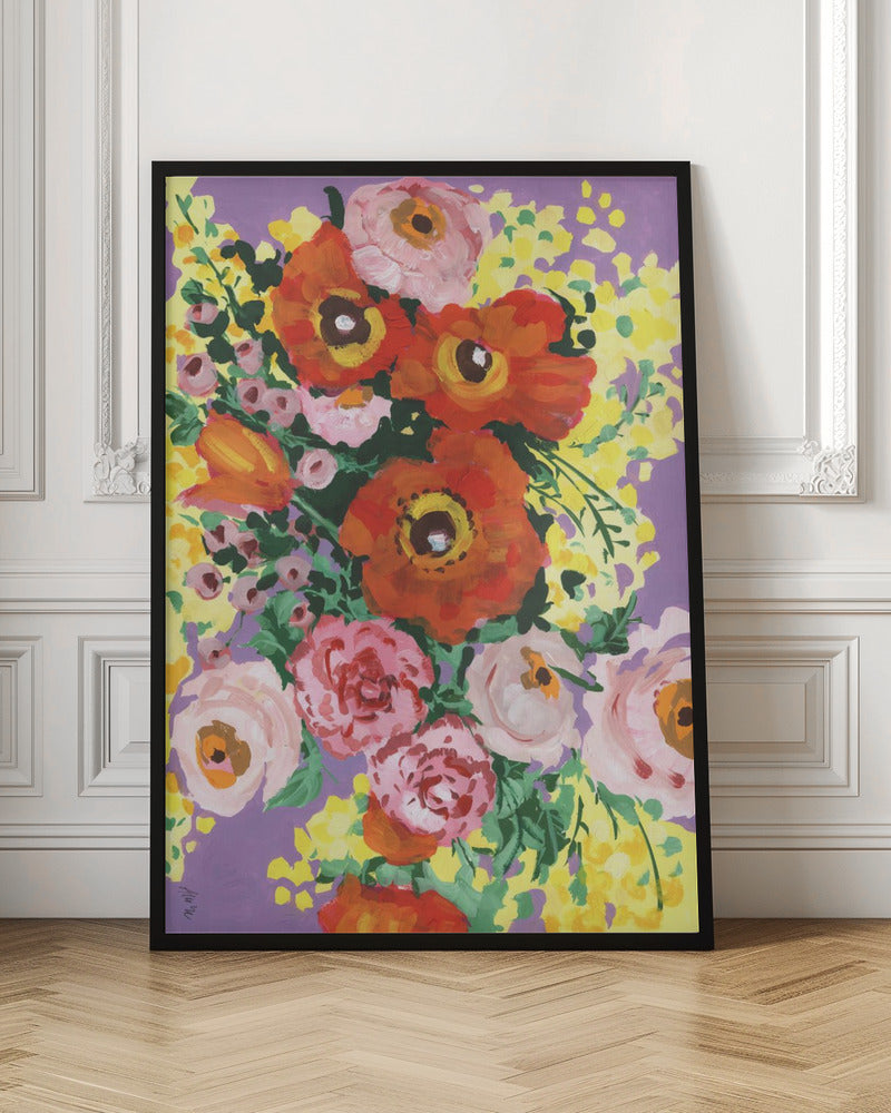 Red And Pink Bouquet On Violet - Stretched Canvas, Poster or Fine Art Print I Heart Wall Art