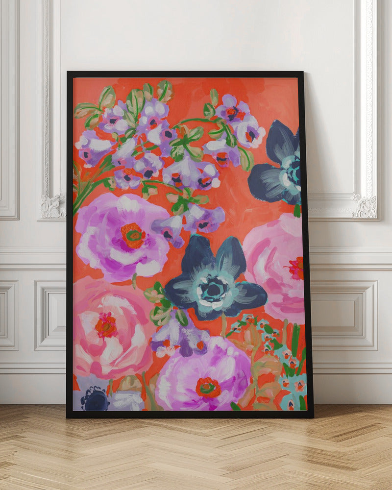 Blue Anemones On Red - Stretched Canvas, Poster or Fine Art Print I Heart Wall Art