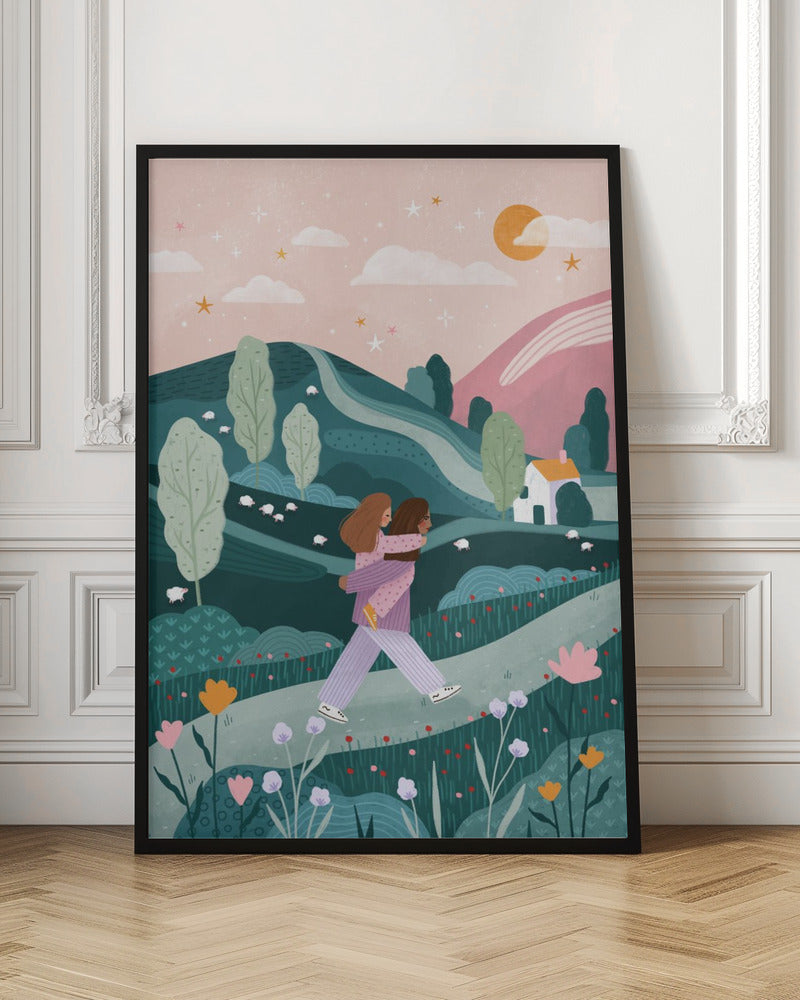 Mummy Daughter Countryside Walk - Stretched Canvas, Poster or Fine Art Print I Heart Wall Art