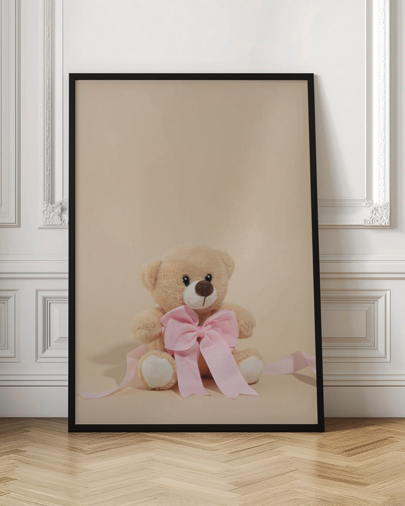 Teddy Bear with Pink Bow - Stretched Canvas, Poster or Fine Art Print I Heart Wall Art