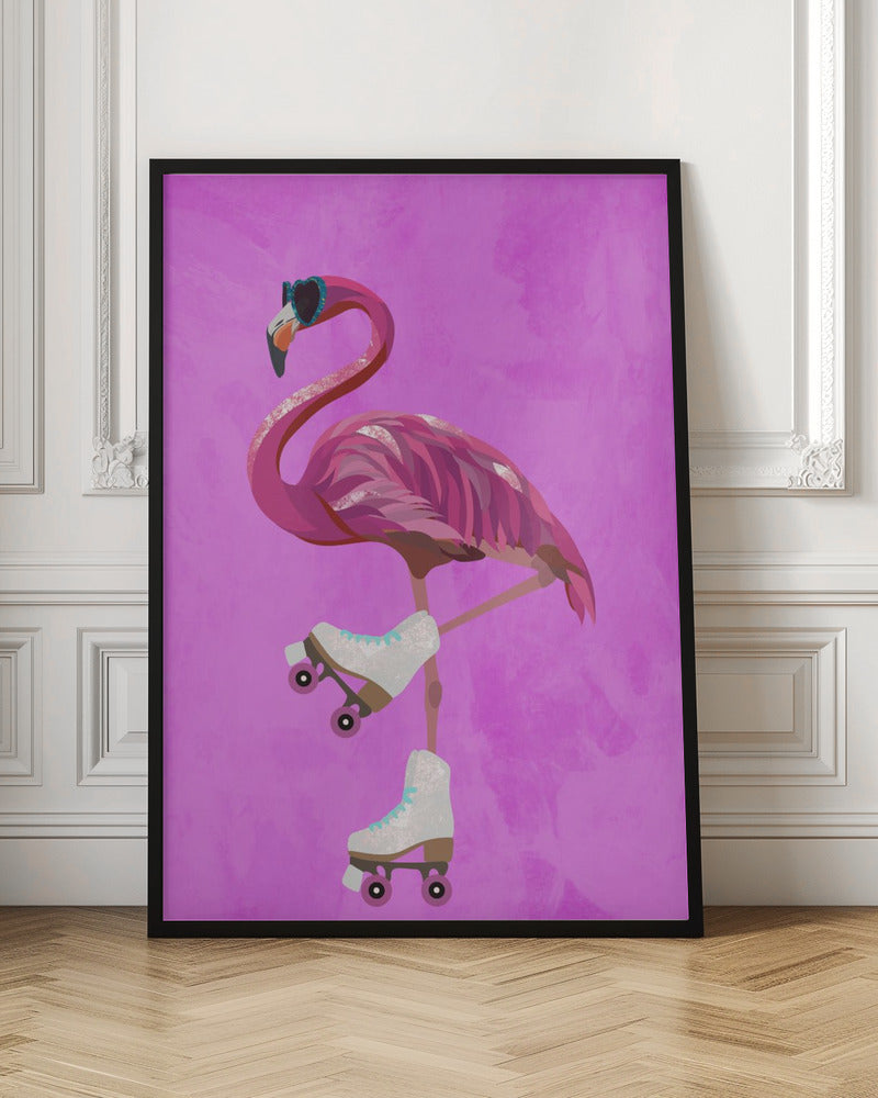 Pink Flamingo Roller Skating - Stretched Canvas, Poster or Fine Art Print I Heart Wall Art