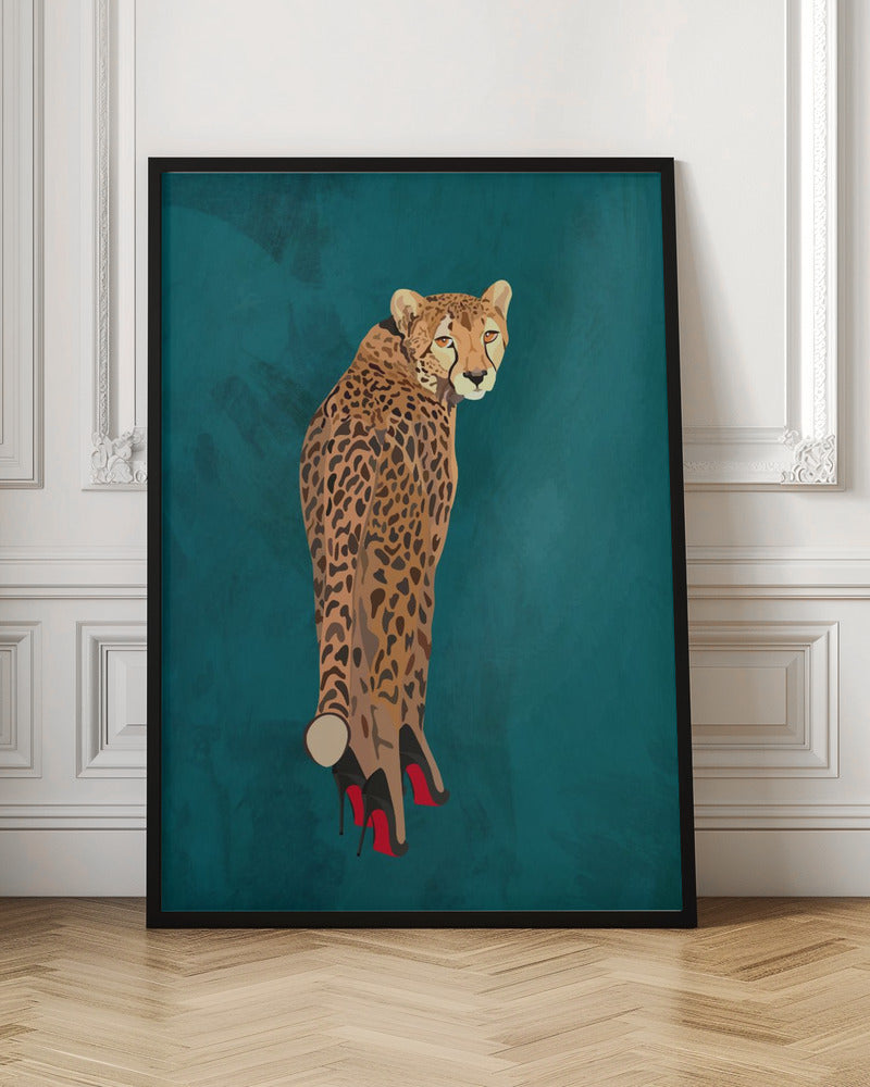 Turquoise cheetah in heels - Stretched Canvas, Poster or Fine Art Print I Heart Wall Art