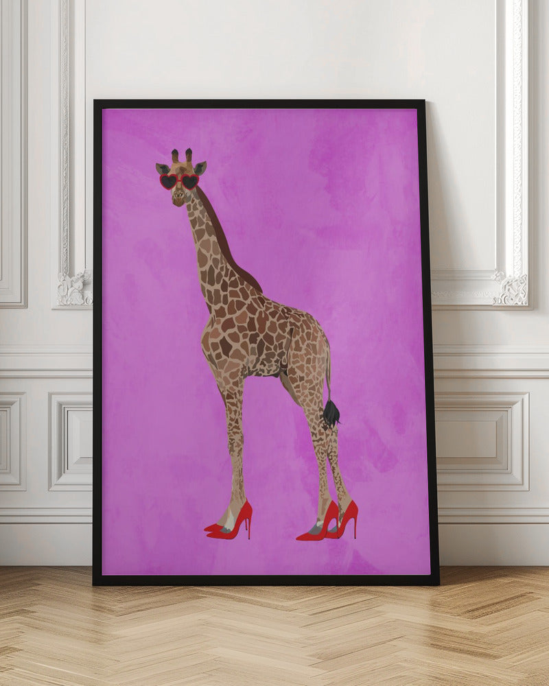 Giraffe wearing heels and heart glasses pink - Stretched Canvas, Poster or Fine Art Print I Heart Wall Art