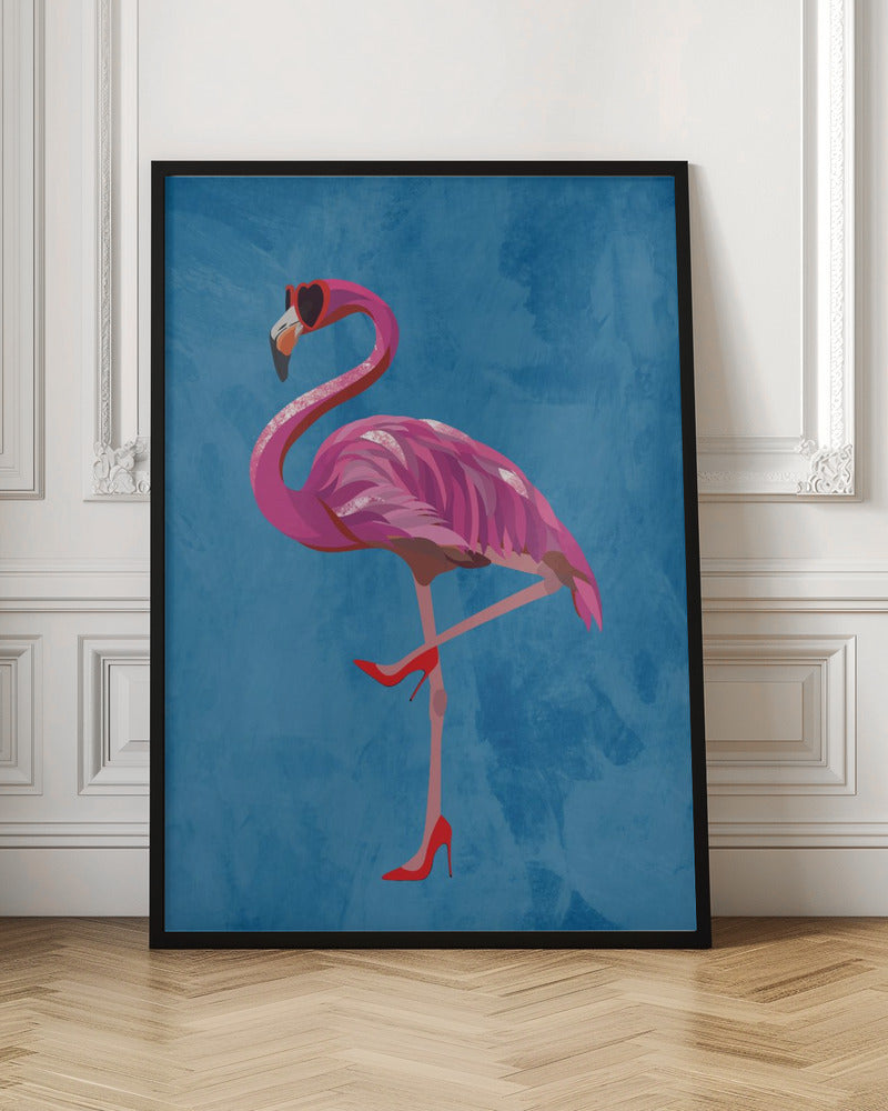 Flamingo in heels and heart glasses blue - Stretched Canvas, Poster or Fine Art Print I Heart Wall Art