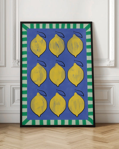Vibrant Yellow Lemons on a Deep Blue - Stretched Canvas, Poster or Fine Art Print I Heart Wall Art