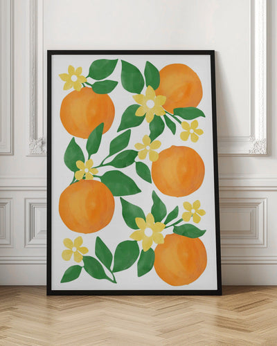 Oranges with Green Leaves and Delicate Yellow Flowers - Stretched Canvas, Poster or Fine Art Print I Heart Wall Art