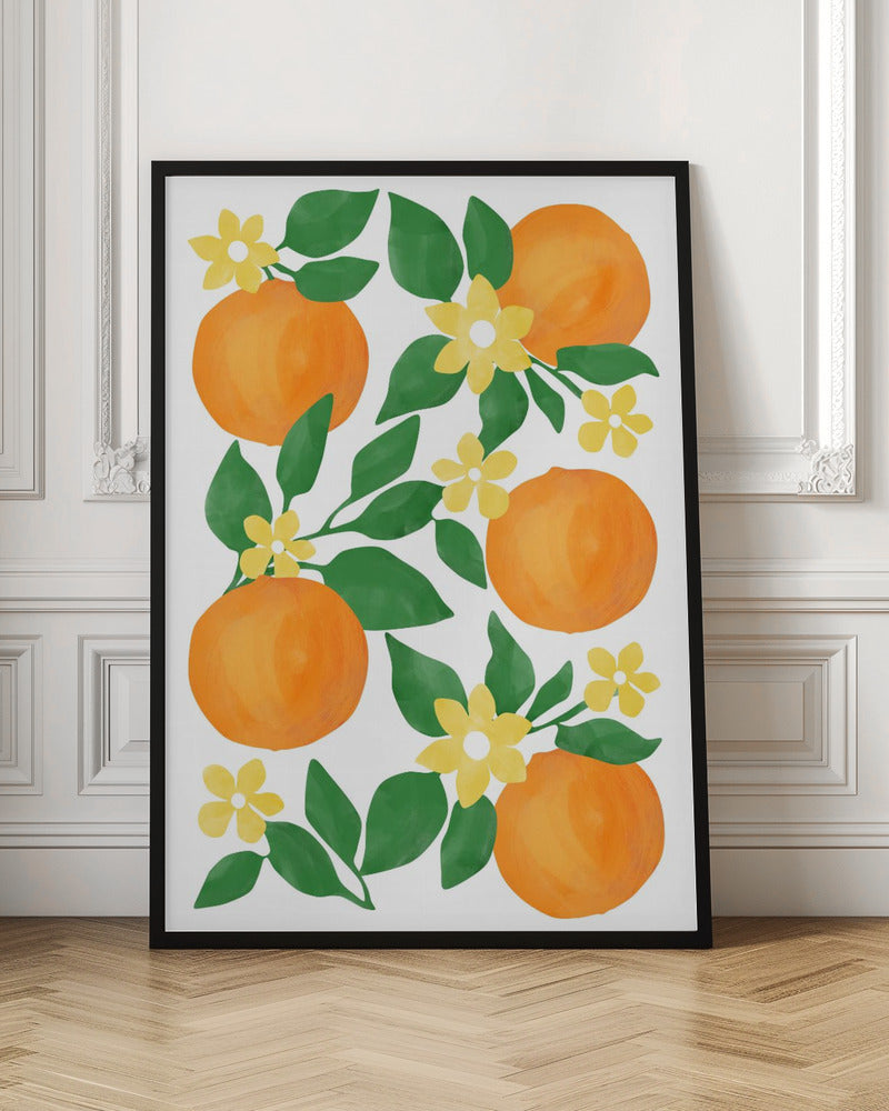 Oranges with Green Leaves and Delicate Yellow Flowers - Stretched Canvas, Poster or Fine Art Print I Heart Wall Art