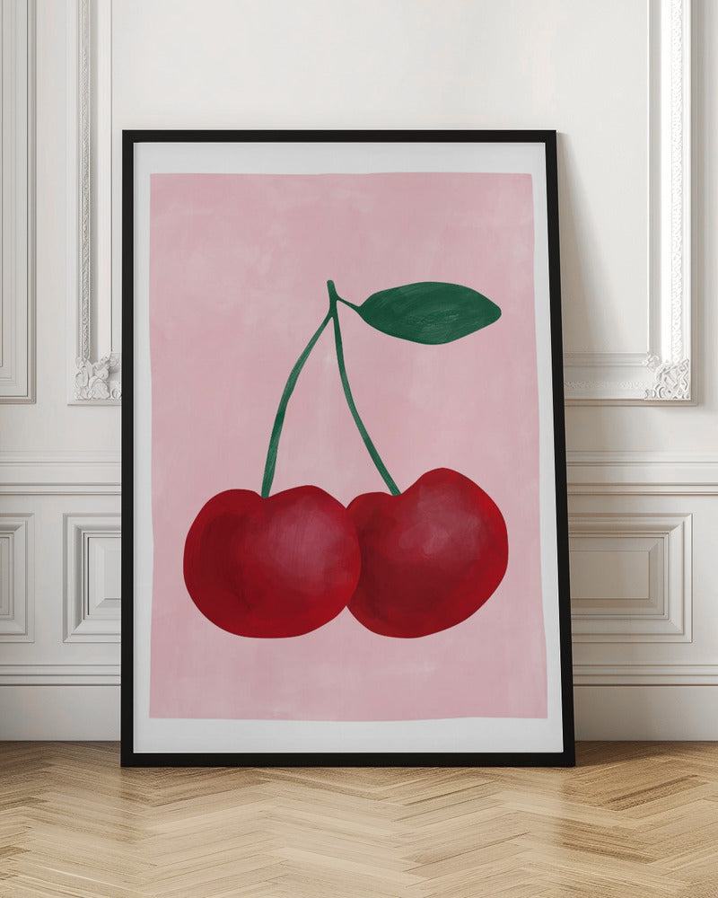 Red Cherries with a Green Leaf - Stretched Canvas, Poster or Fine Art Print I Heart Wall Art