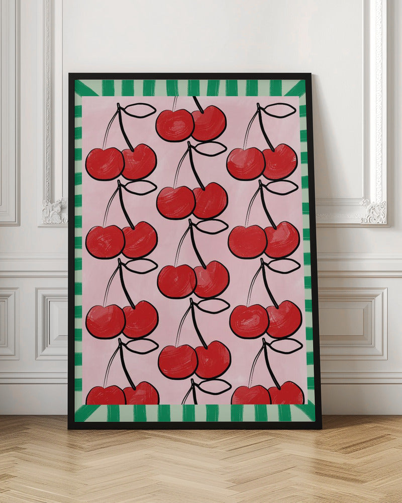 Red Cherries on a Pink - Stretched Canvas, Poster or Fine Art Print I Heart Wall Art