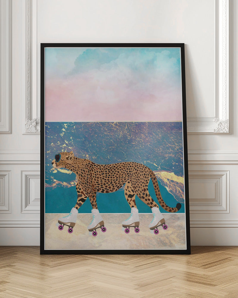 Cheetah Rollerskating on the beach - Stretched Canvas, Poster or Fine Art Print I Heart Wall Art