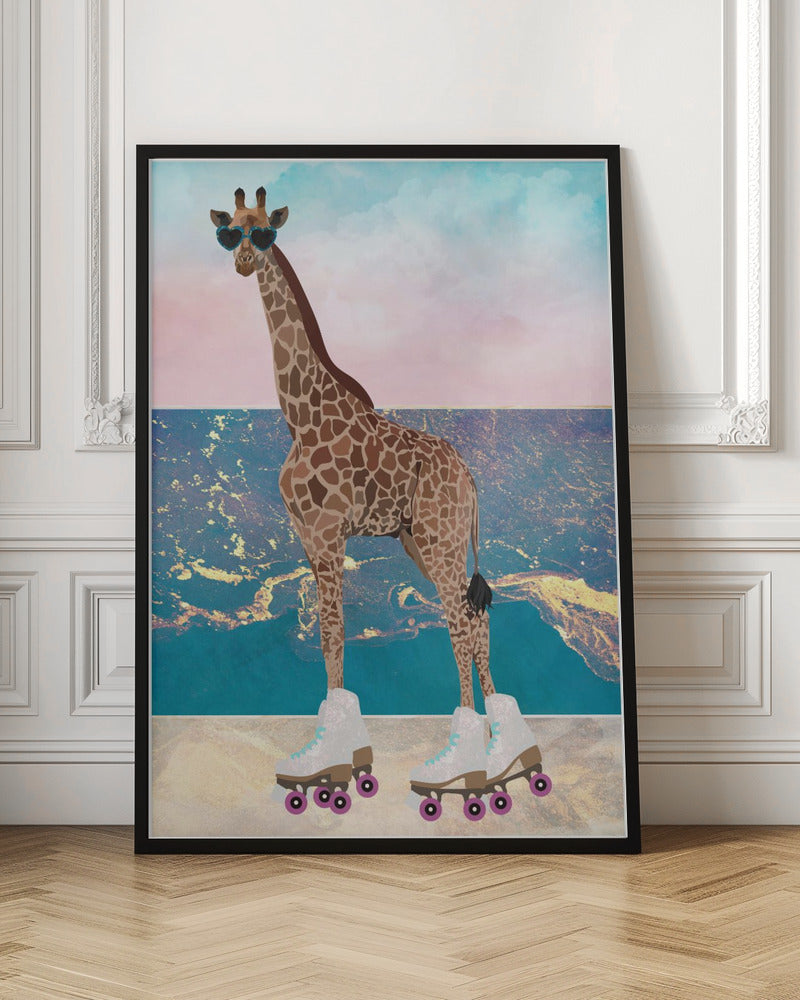 Giraffe On Holiday rollerskating - Stretched Canvas, Poster or Fine Art Print I Heart Wall Art