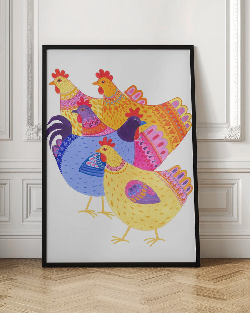 Colour Hens and Cockerel - Stretched Canvas, Poster or Fine Art Print I Heart Wall Art