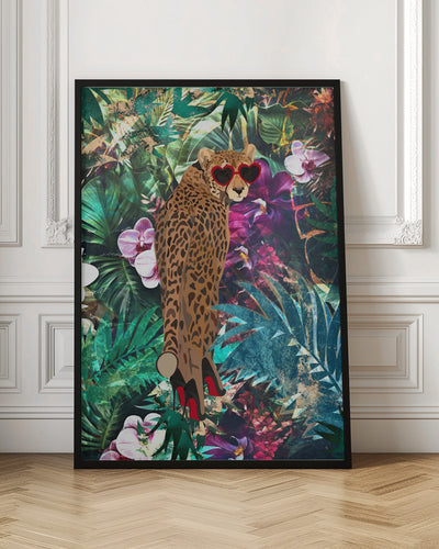 Tropical Floral Jungle - Cheetah in heels 2 - Stretched Canvas, Poster or Fine Art Print I Heart Wall Art