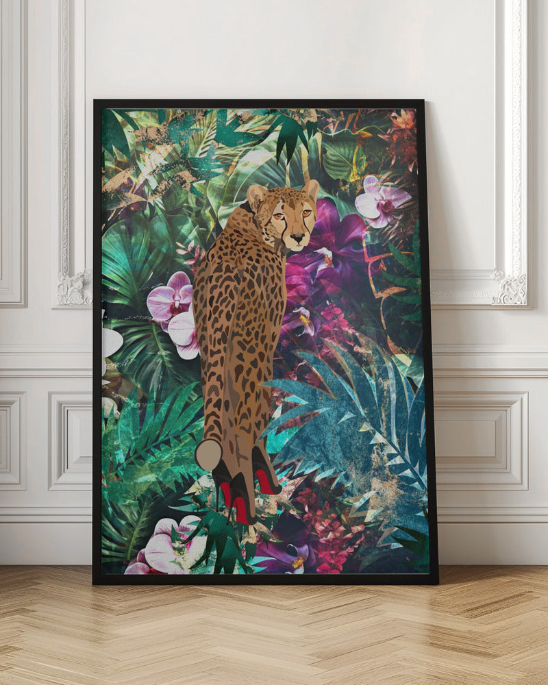 Tropical Floral Jungle - Cheetah in heels - Stretched Canvas, Poster or Fine Art Print I Heart Wall Art