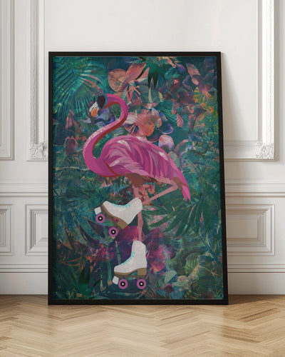 Tropical Floral Jungle - FLamingo rollerskating - Stretched Canvas, Poster or Fine Art Print I Heart Wall Art