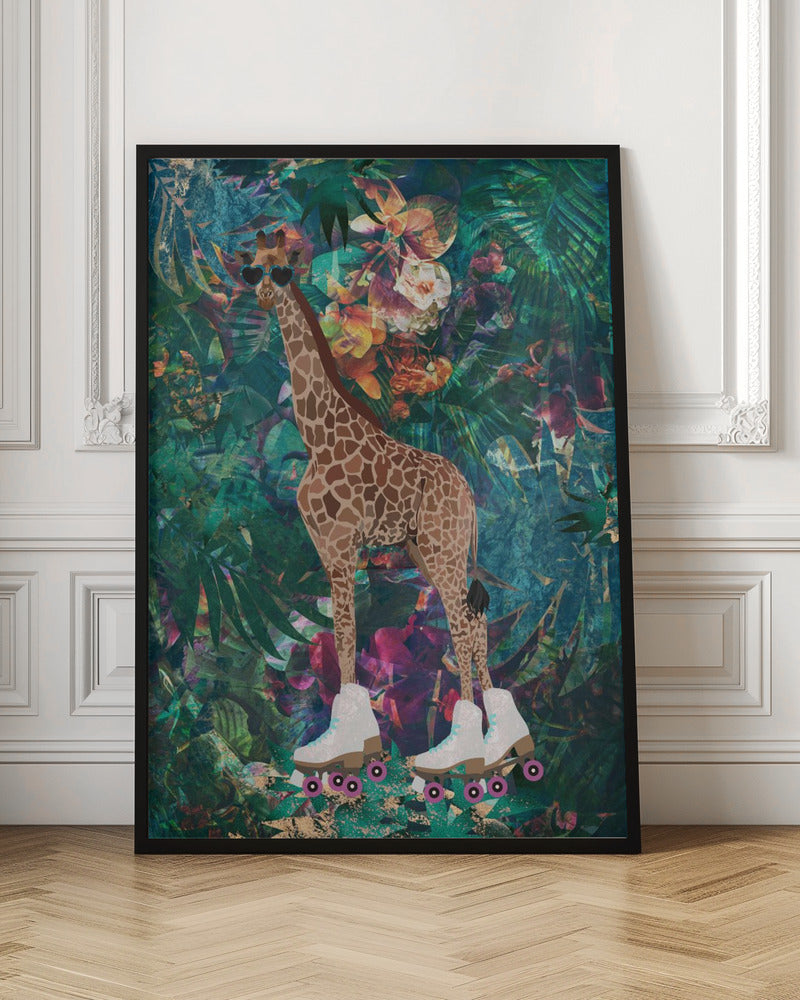 Tropical Floral Jungle - Giraffe rollerskating - Stretched Canvas, Poster or Fine Art Print I Heart Wall Art