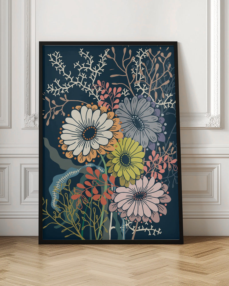 Springtime Daisies Dark Blue - Stretched Canvas, Poster or Fine Art Print I Heart Wall Art