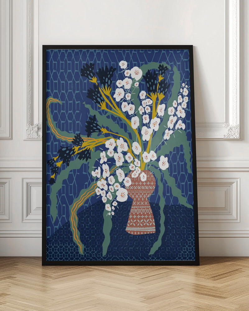 Floral Contemporary Still Life Dark Blue - Stretched Canvas, Poster or Fine Art Print I Heart Wall Art