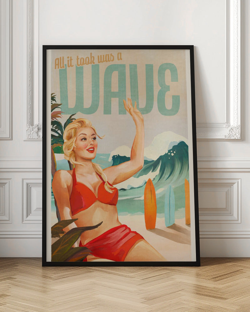 Surfing Pinup Girl On Beach In Bikini - Stretched Canvas, Poster or Fine Art Print I Heart Wall Art