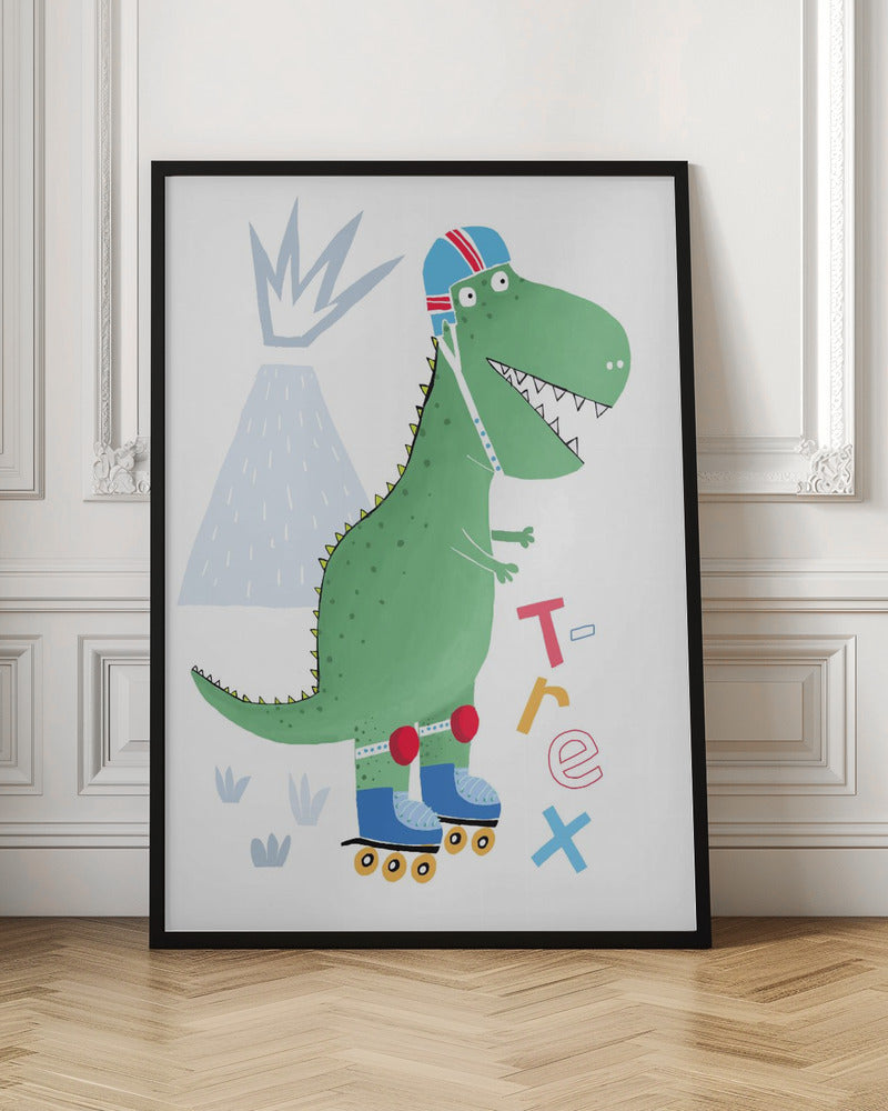 Funny T-Rex on Rollerblades with Volcano by Artist Carla Daly - Stretched Canvas, Poster or Fine Art Print I Heart Wall Art